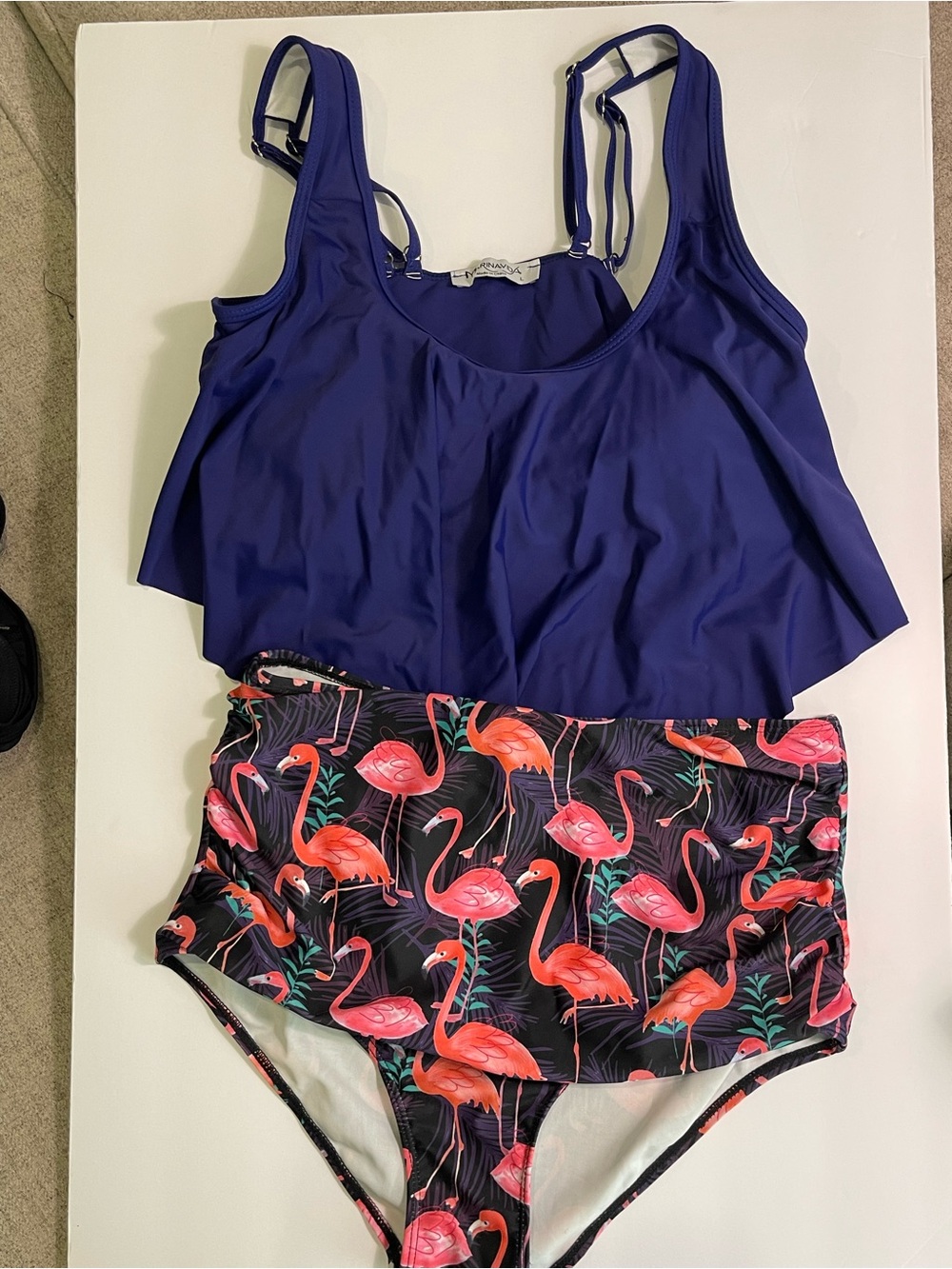 Kids Two-Piece Swim Set in Navy Top and Flamingo Print Bottom